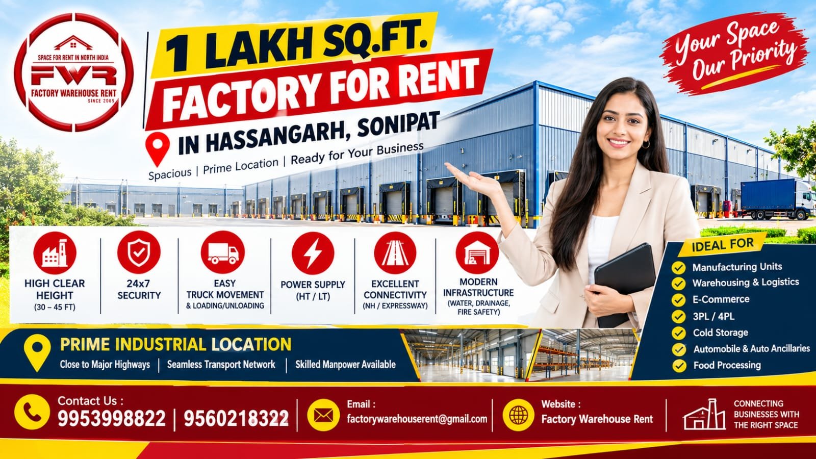 Factory for Rent Sonipat 1 lakh sq ft Hassangarh